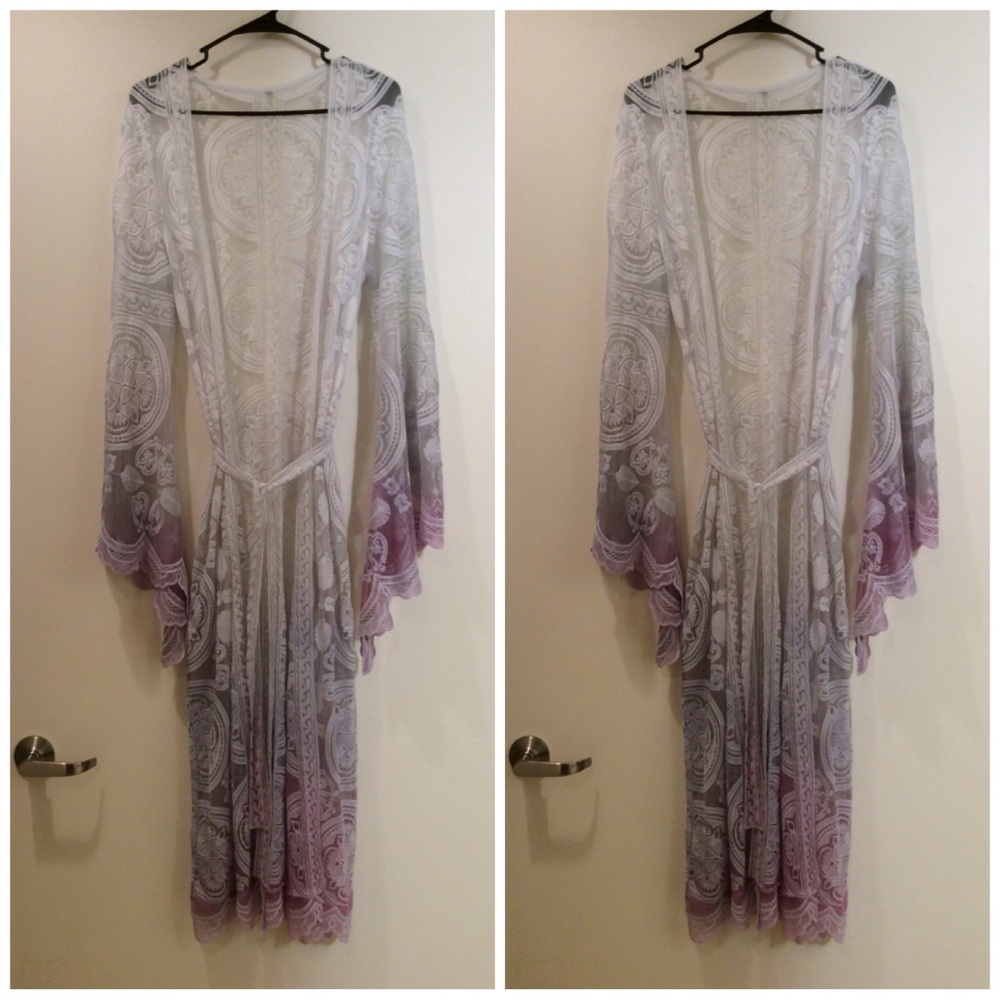 🌸 KIMONO ROBE CARDIGAN BELL SLEEVE OMBRE LOUNGE DUSTER MAXI LONG LACE FLARE - Picture 13 of 13